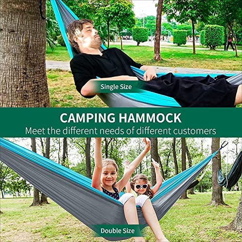 SZHLUX Camping Hammock Double & Single Portable Hammocks with 2 Tree Straps, Great for Hiking,Backpacking,Hunting,Outdoor,Beach,Camping, Light Grey & Sky Blue - Image 5