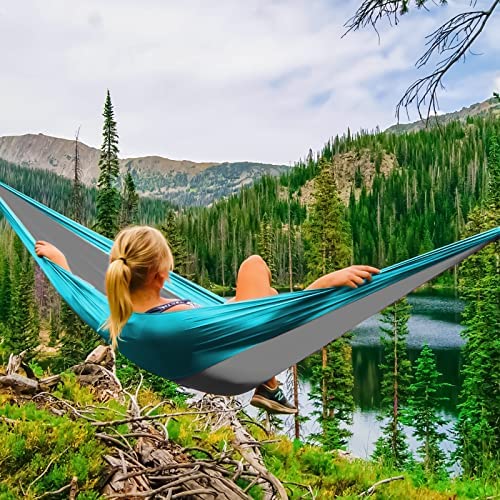 SZHLUX Camping Hammock Double & Single Portable Hammocks with 2 Tree Straps, Great for Hiking,Backpacking,Hunting,Outdoor,Beach,Camping, Light Grey & Sky Blue - Image 2
