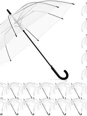 Fabbay 24 Packs Clear Umbrella Wedding Style Stick Umbrellas Large Canopy Windproof Transparent Stick Umbrellas Wedding Rain Transparent Umbrellas Bulk Auto Open J Hook Handle Outdoor