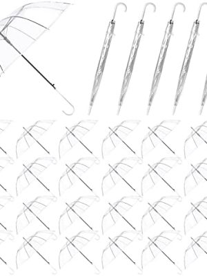 Merkaunis 30 Pack Clear Wedding Umbrellas Bulk Auto Open Clear Stick Umbrellas,Transparent Windproof Wedding Style Stick Umbrellas,J Hook Handle Windproof Large Canopy Umbrella Suitable for Wedding Celebrations, Rainy Days, Outdoor and Other Places, Suitable for Men and Women of All Ages