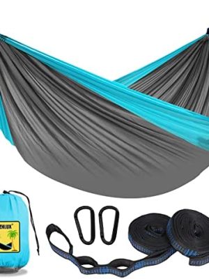 SZHLUX Camping Hammock Double & Single Portable Hammocks with 2 Tree Straps, Great for Hiking,Backpacking,Hunting,Outdoor,Beach,Camping, Light Grey & Sky Blue