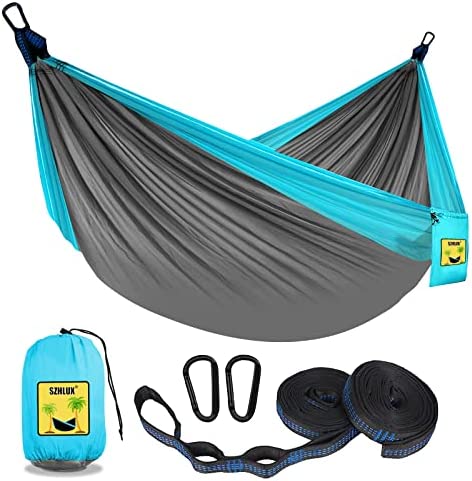 SZHLUX Camping Hammock Double & Single Portable Hammocks with 2 Tree Straps, Great for Hiking,Backpacking,Hunting,Outdoor,Beach,Camping, Light Grey & Sky Blue