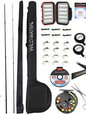 Wild Water Deluxe Fly Fishing Combo Starter Kit, 5 or 6 Weight 9 Foot Fly Rod, 4-Piece Graphite Rod with Cork Handle, Accessories, Die Cast Aluminum Reel, Carrying Case, Fly Box Case & Fishing Flies